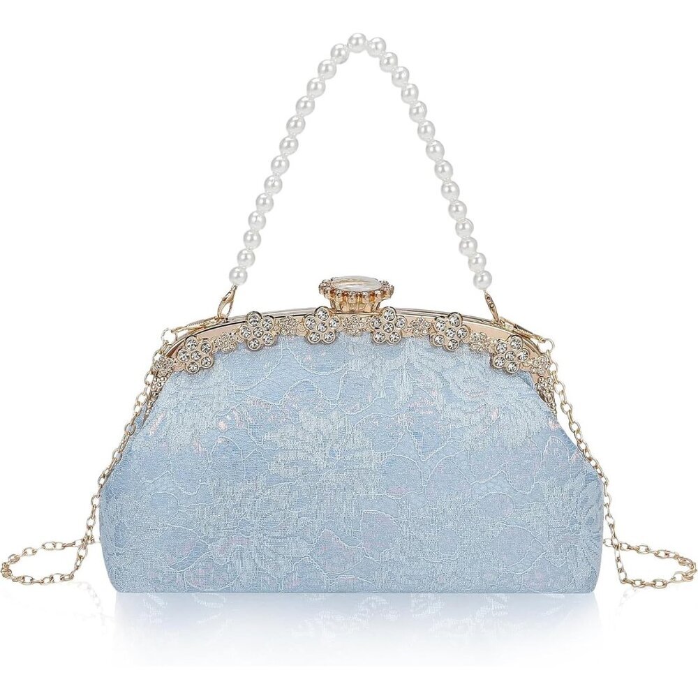 ⚡ Women's Light Blue Fabric Lace Pearl Chain Rhinestones Shoulder Clutch Bag